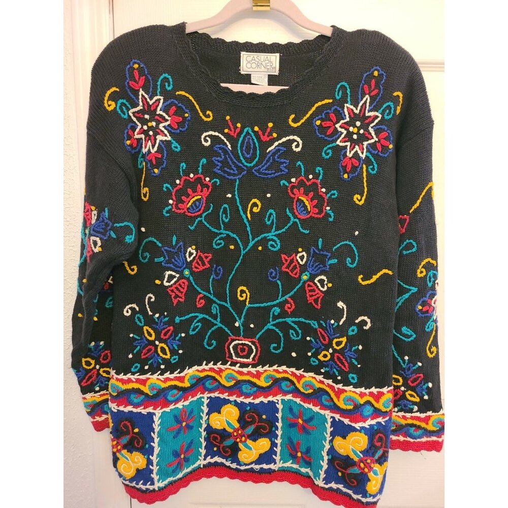 VTG 90s Casual Corner Sz Small Pullover Sweater Vintage Black Pink Blue Floral